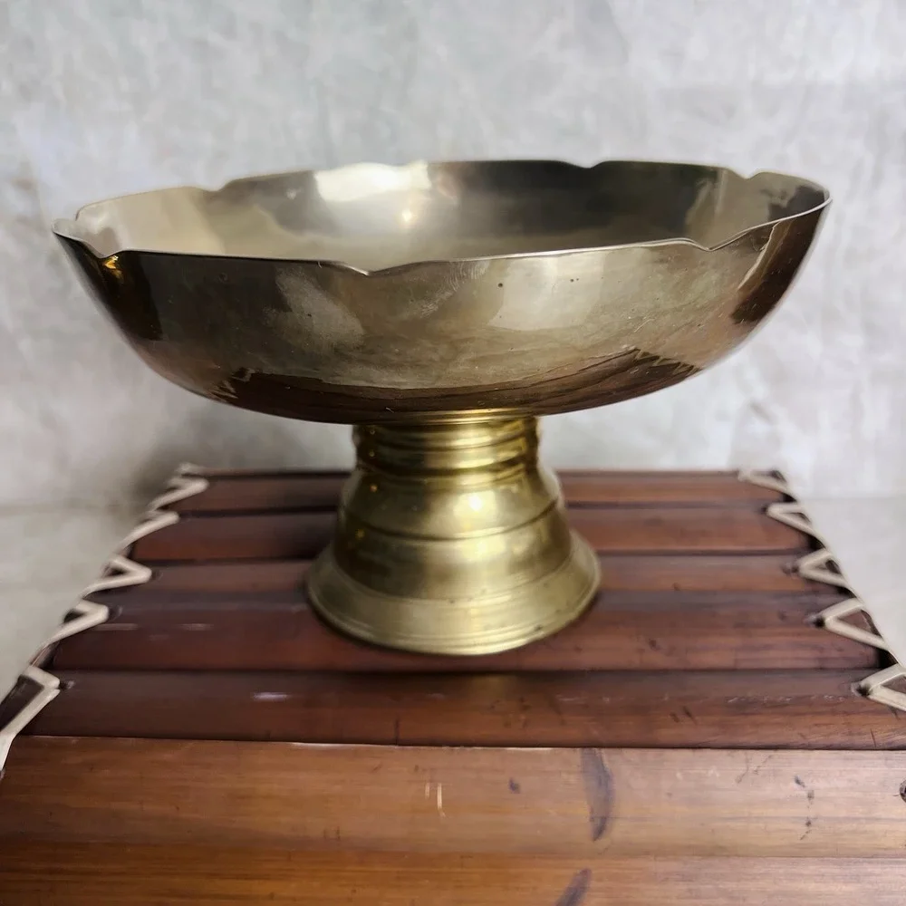 Solid Brass Pedestal Bowl Compote – Wide Shallow Dish on Turned Base 7.5